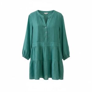 Finley Linen Tiered Ruffle Shirt Dress Size Large Teal  3/4 Sleeve Mini Boho